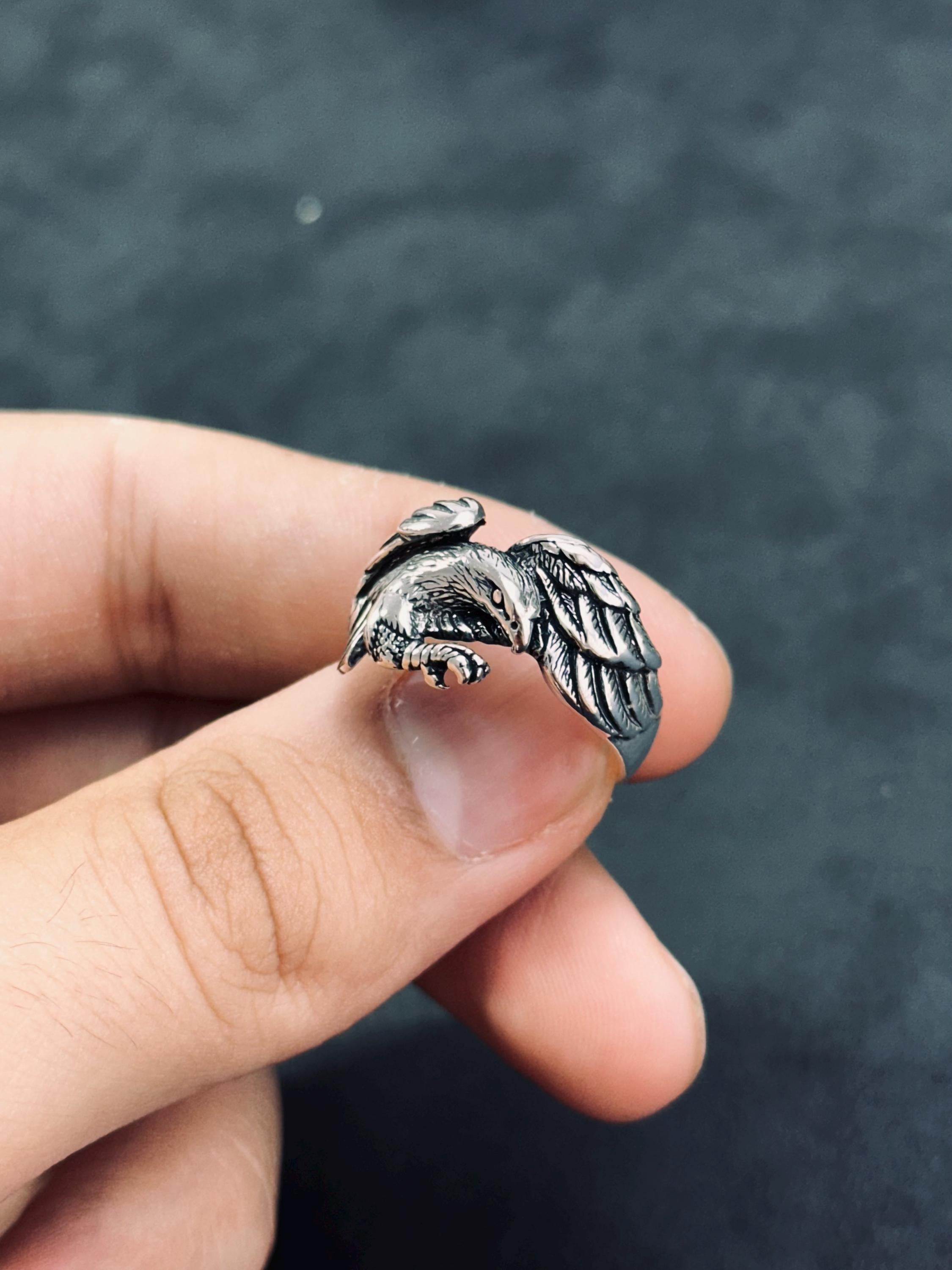 Boho Sterlin Gümüş Kartal Yüzük, Ayarlanabilir Bant (Unisex)