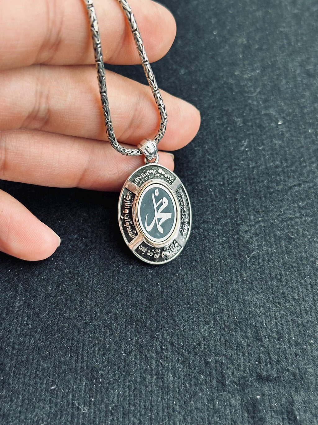 İslami Gümüş Kolye, Arapça Hat Oval Kolye Ucu (Som Gümüş, El Yapımı)