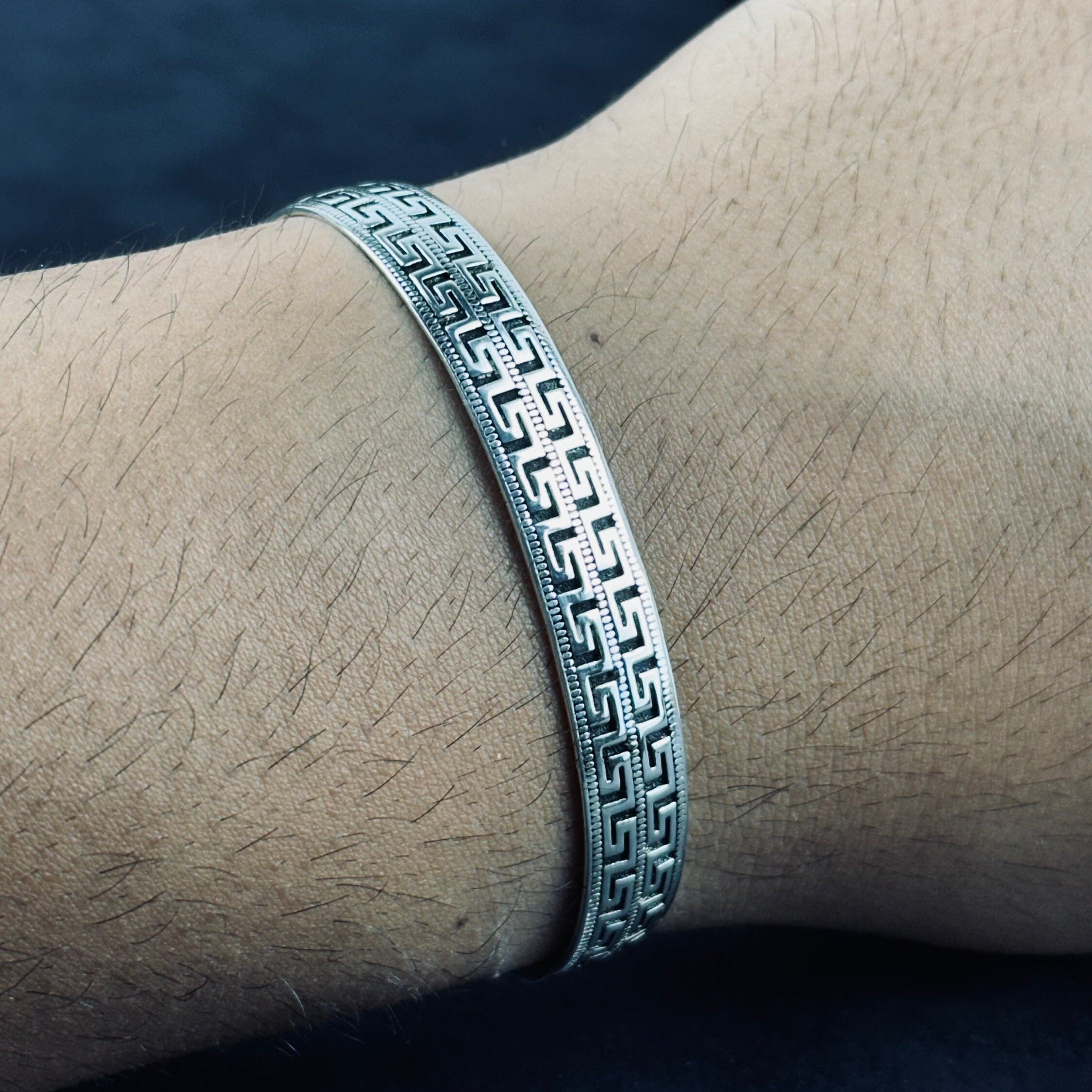 925 Ayar Gümüş Yunan Anahtarı Bileklik - El Yapımı Unisex Kelepçe