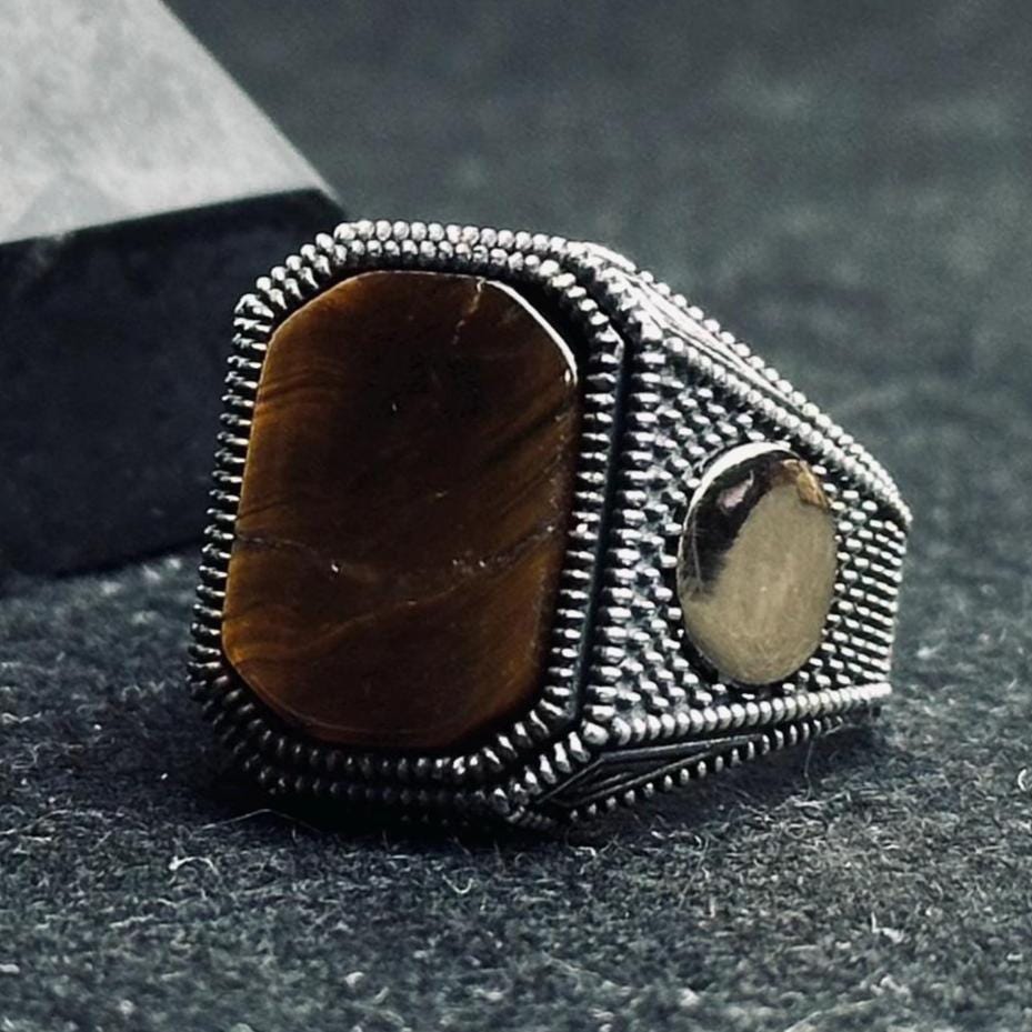 Erkek Kaplan Gözü Yüzük, Som Gümüş Kare (El Yapımı Vintage Stil)