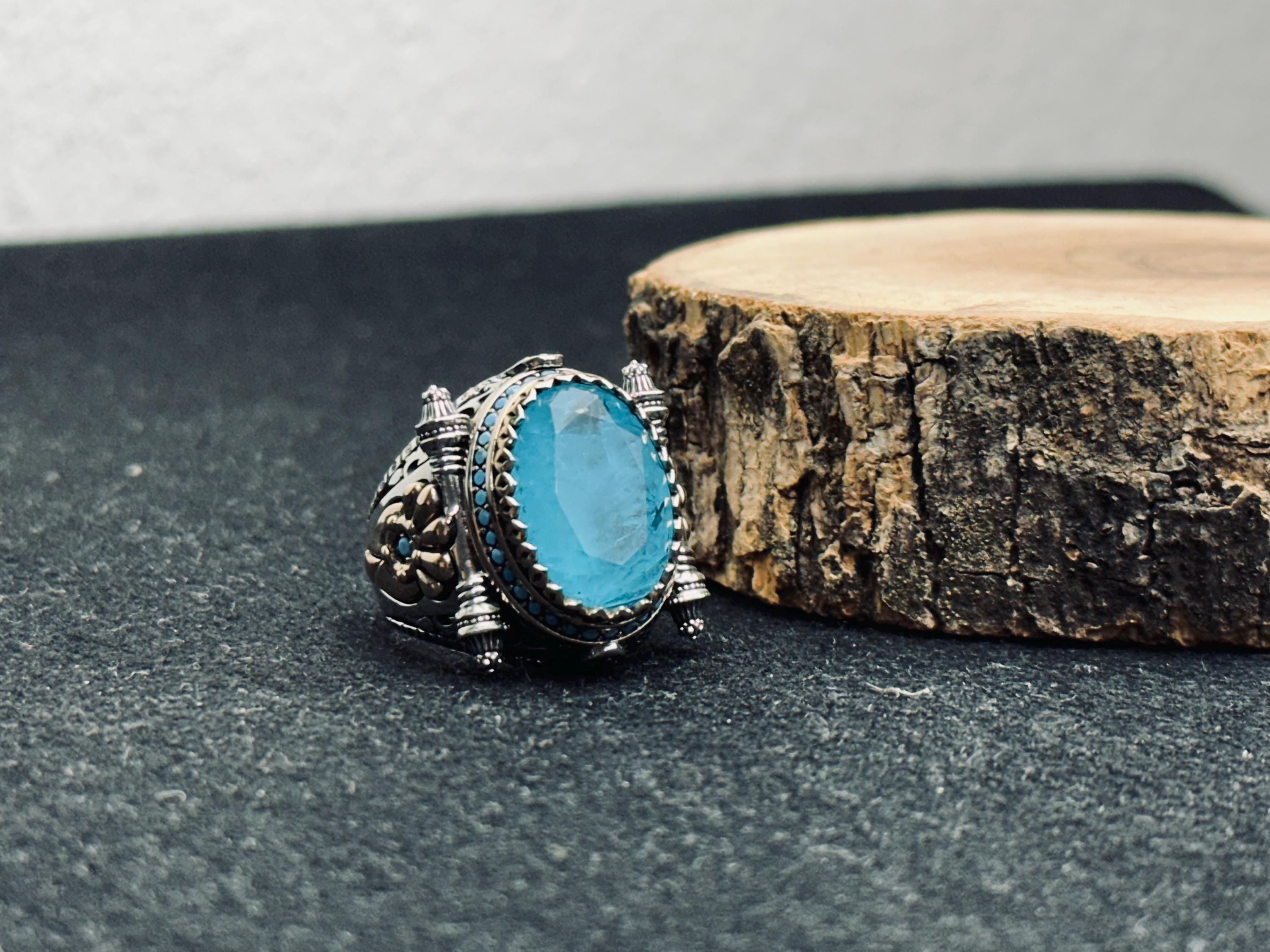 Akuamarin Mühür Yüzüğü - Sterlin Gümüş Oval Mavi Taş