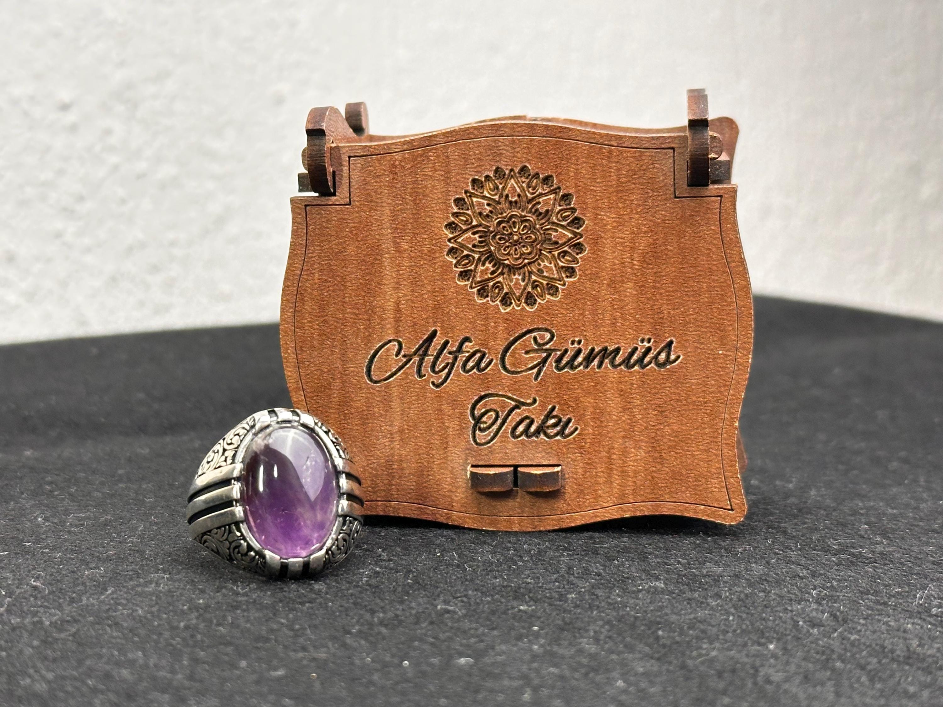 Ametist Değerli Taş Yüzük: El Yapımı Gümüş (Erkek Bedeni)