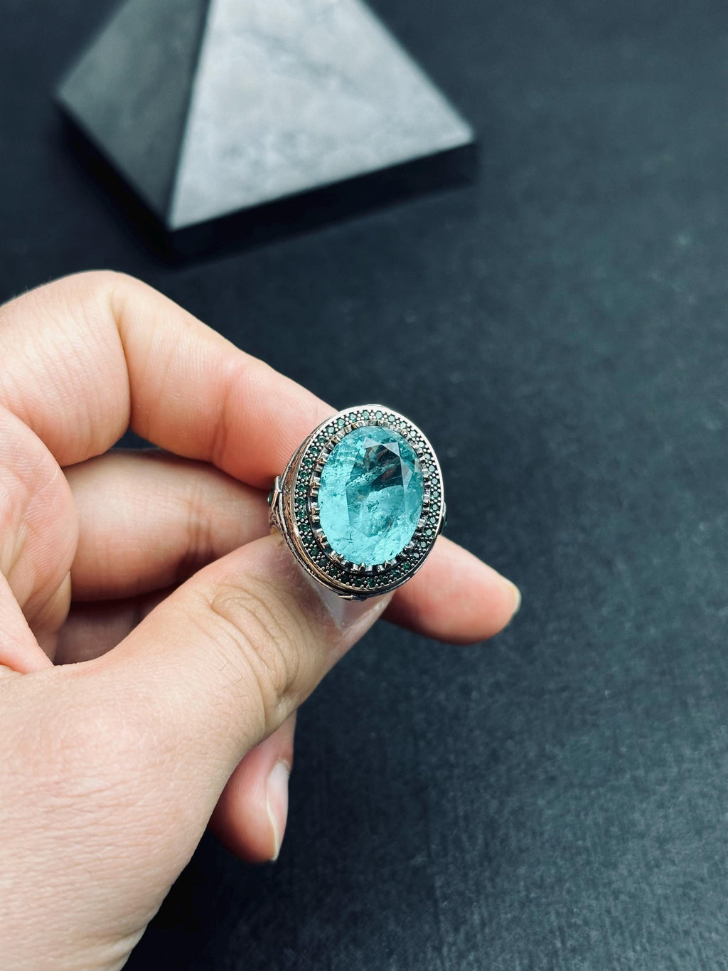 Erkekler İçin Oval Akuamarin Yüzük - Gümüş Aslan Başlı Mühür Yüzüğü