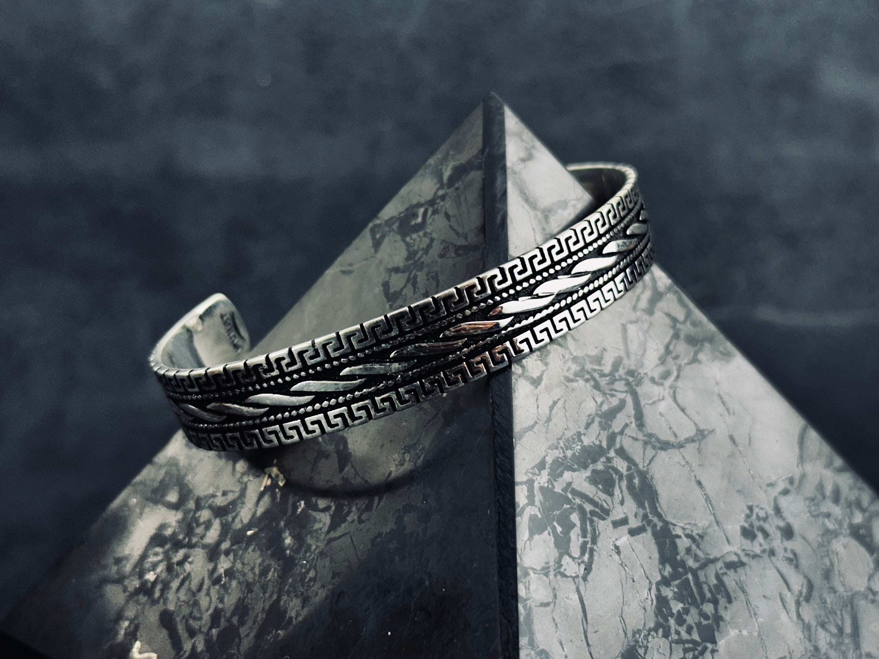 Yunan Sterlin Gümüş Kelepçe Bileklik, El Yapımı Ayarlanabilir (Unisex)