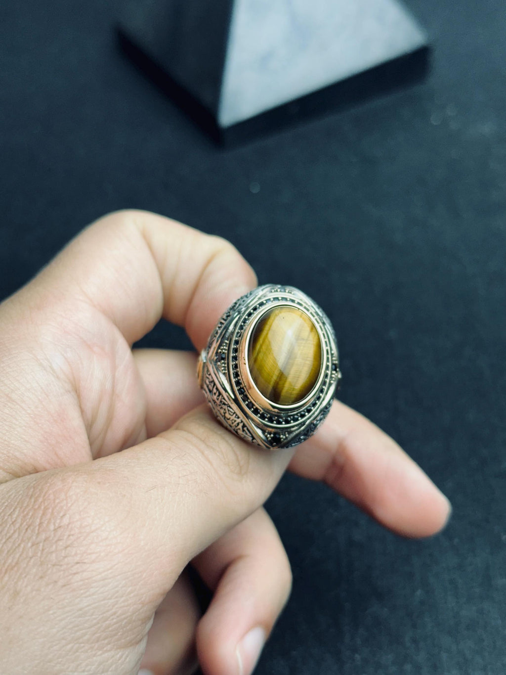 Kaplan Gözü Gümüş Yüzük, Erkek Oval Gösterişli (El Yapımı, Manevi)
