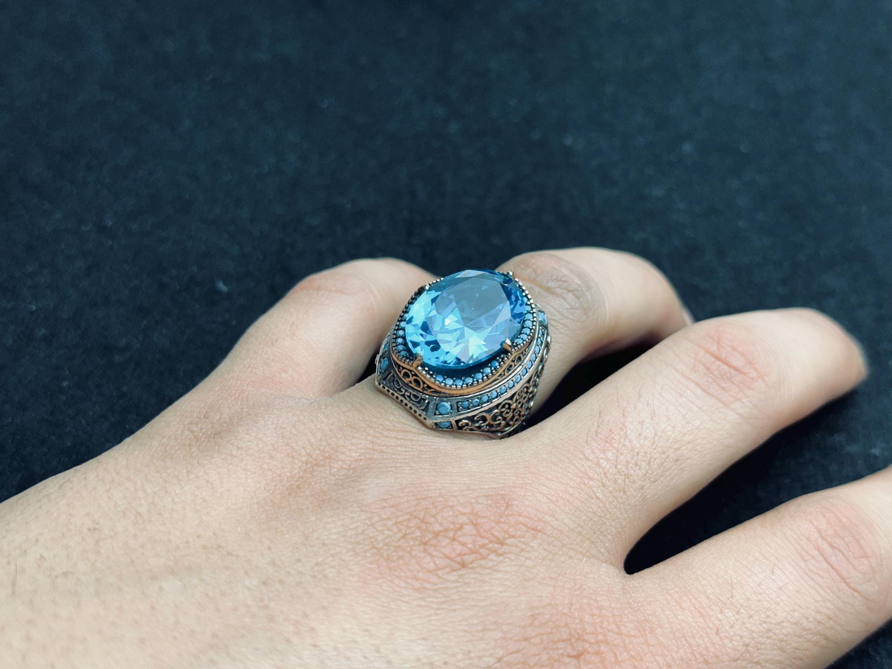 Erkekler için Oval Akuamarin Yüzük - Cesur Vintage Gümüş