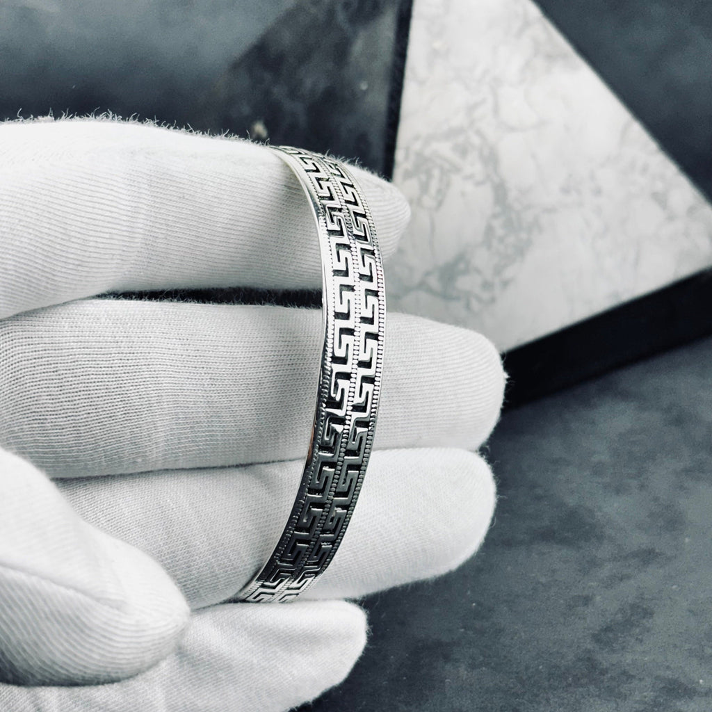 925 Ayar Gümüş Yunan Anahtarı Bileklik - El Yapımı Unisex Kelepçe