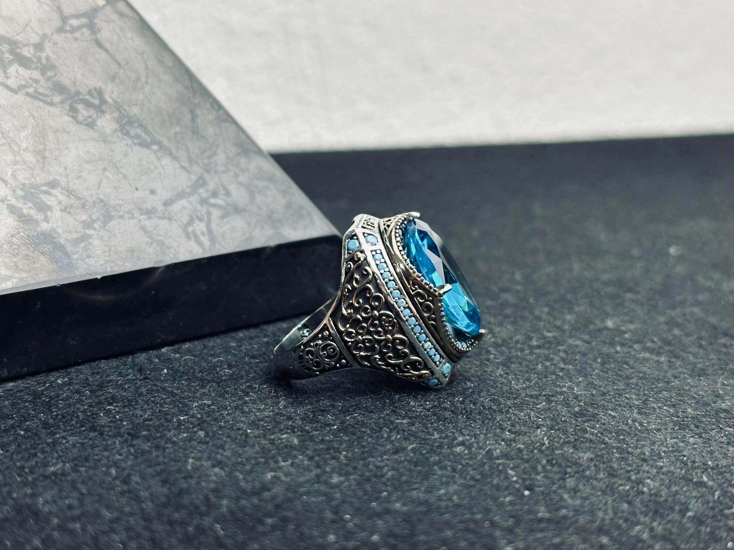 Erkekler için Oval Akuamarin Yüzük - Cesur Vintage Gümüş