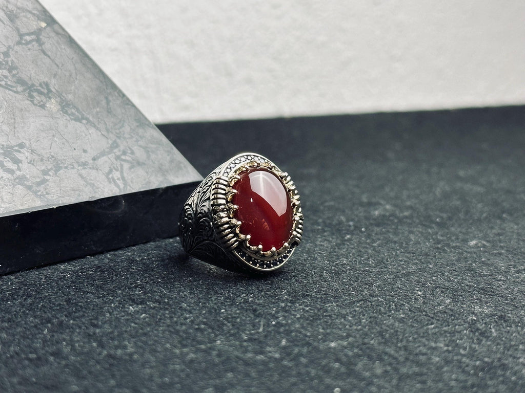 Erkek Kırmızı Akik Yüzük: Oval Akik Taşı, Gümüş