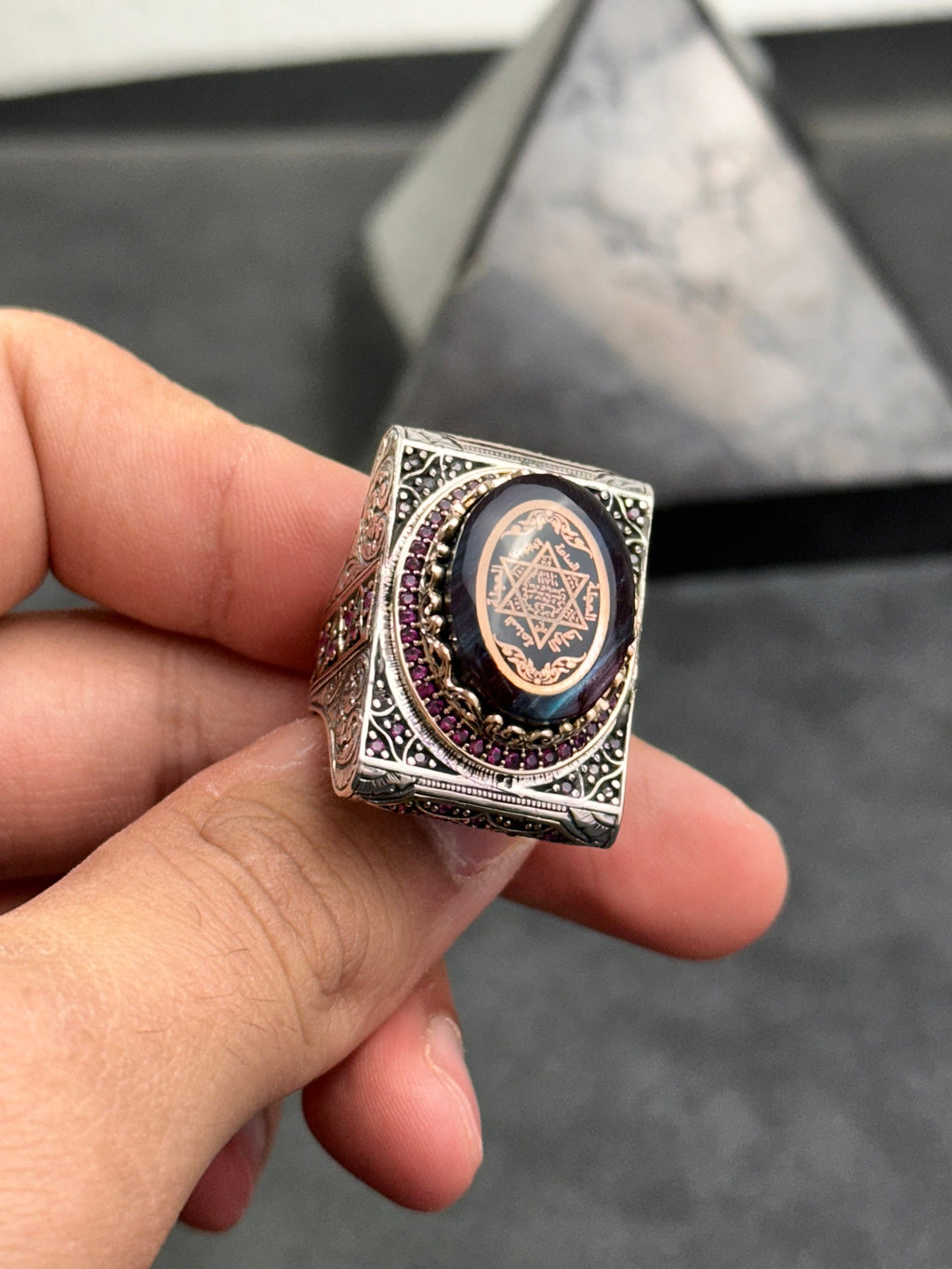 Süleyman Mührü Yüzüğü: Büyük Kehribar Taşlı - Sterlin Gümüş Erkek Takı
