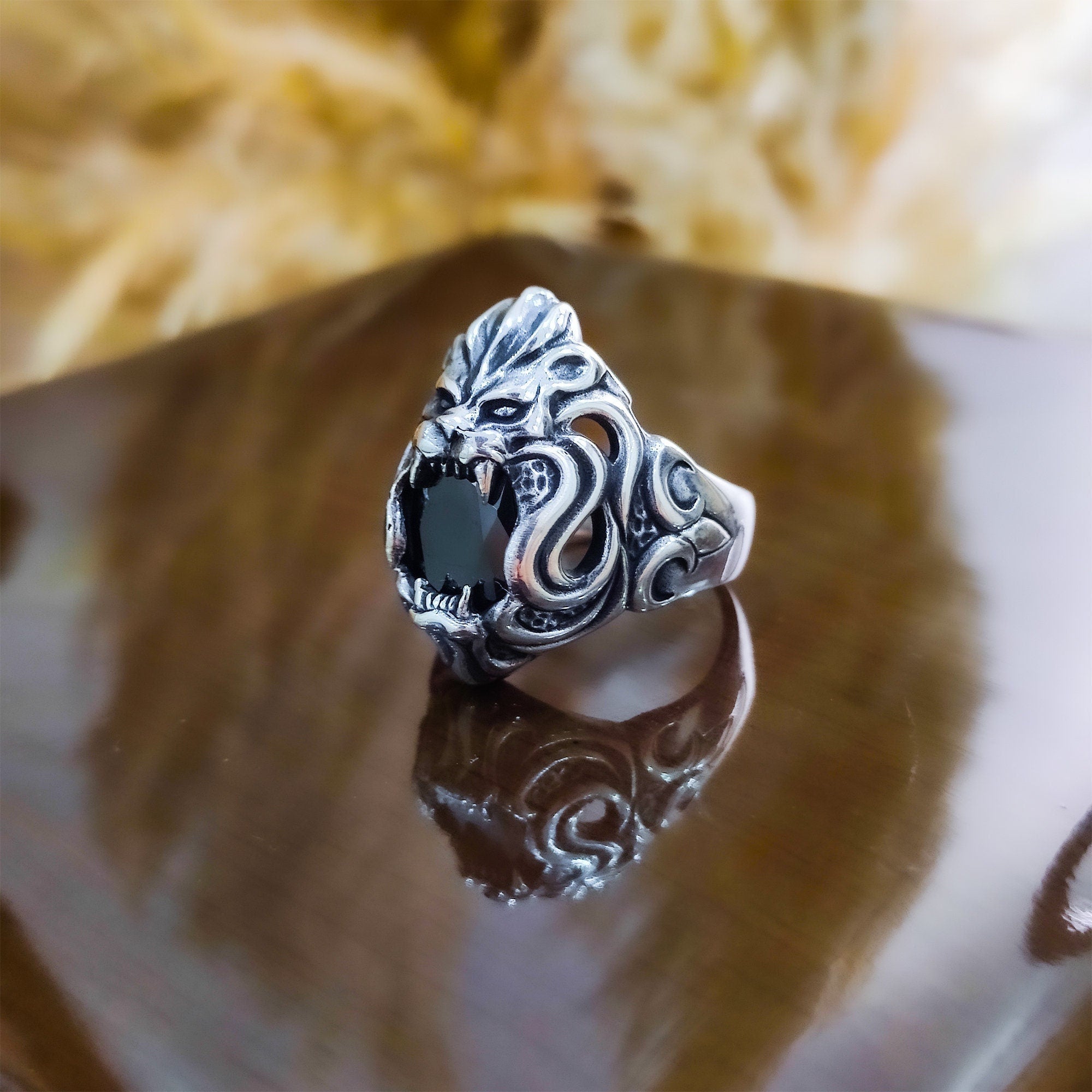 Siyah Zirkon Aslan Başlı Yüzük - Gümüş Erkek Gösterişli