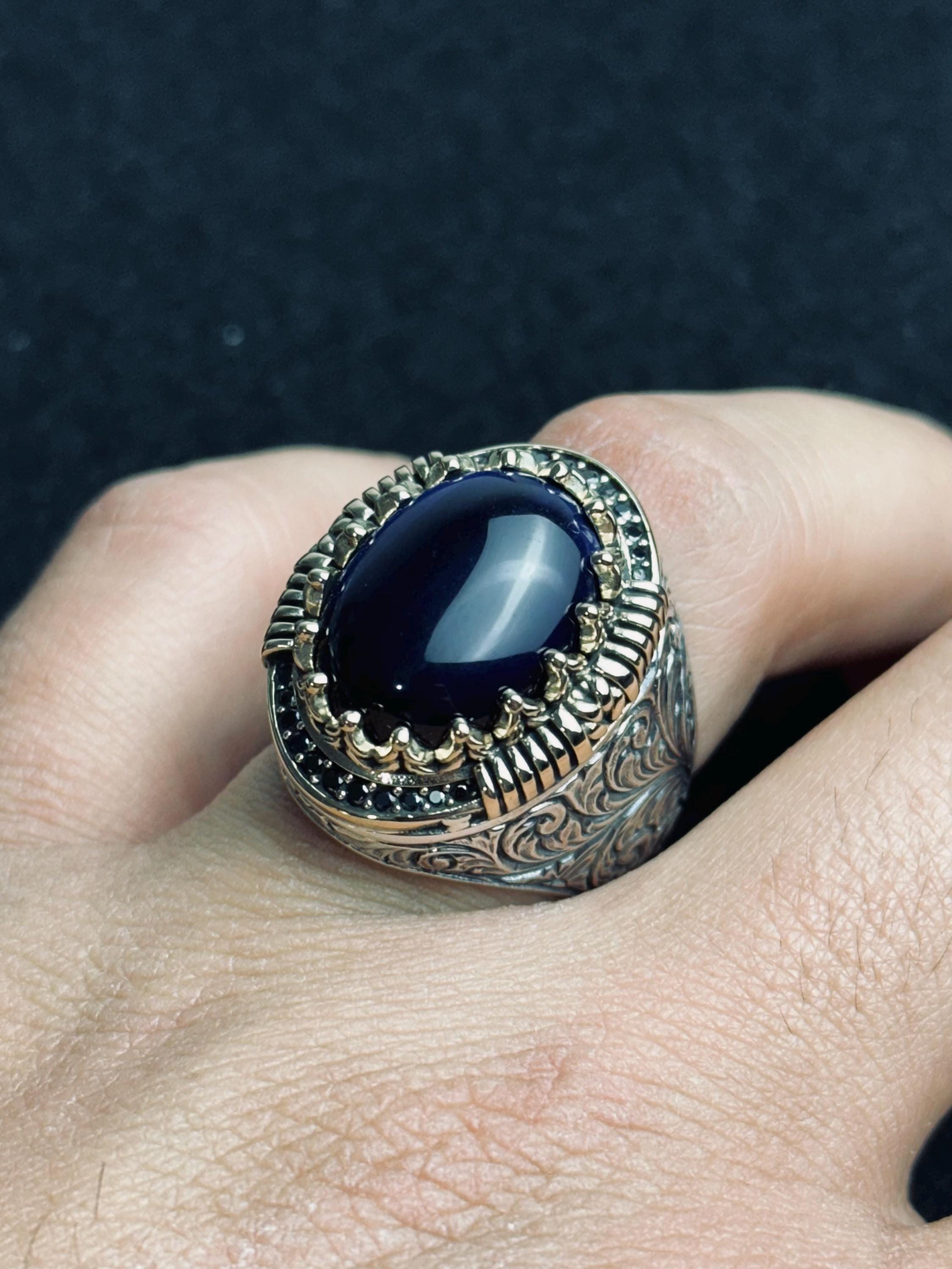 Viking Safir Yüzük, Ejderha Oymalı, Som Gümüş (Erkek Boyutunda)