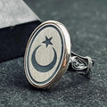Ay ve Yıldız Erkek Yüzüğü - Kalın Oval Gümüş Bant