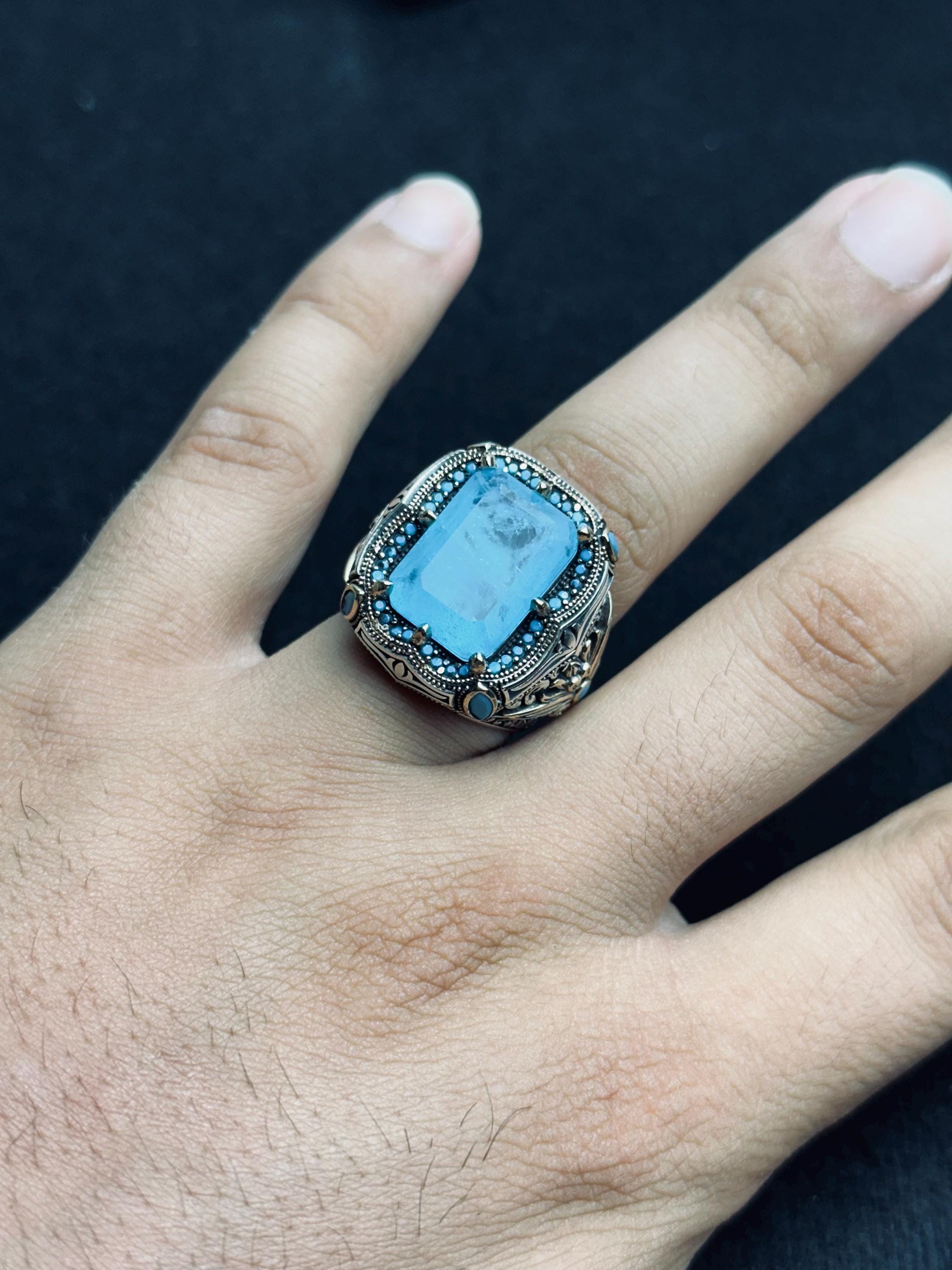 Akuamarin Yüzük: El Yapımı Erkek Gümüş (Osmanlı Aslan Başı)