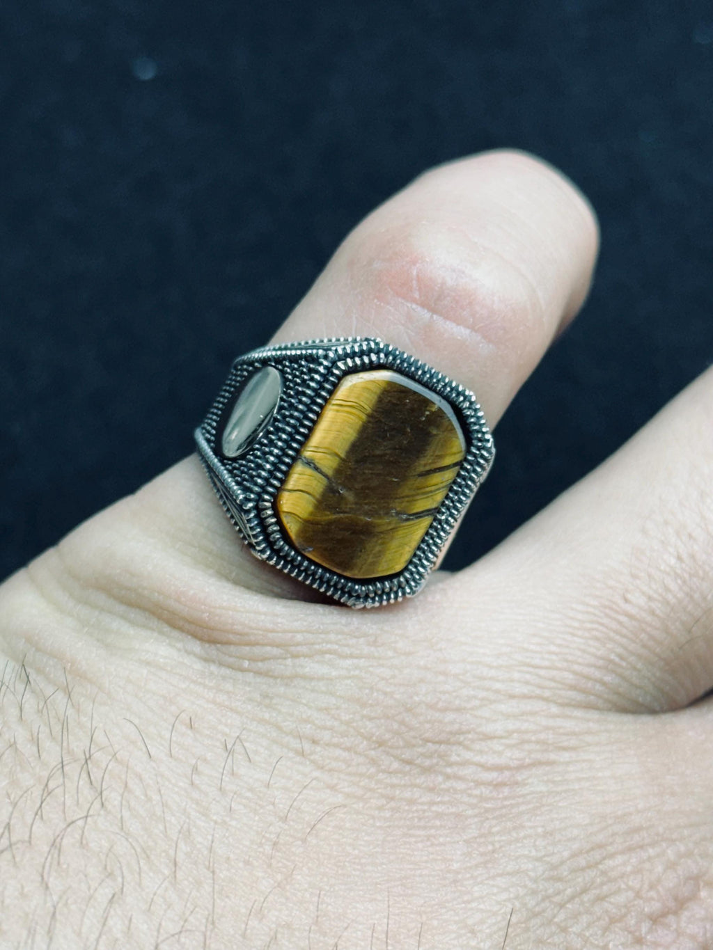 Erkek Kaplan Gözü Yüzük, Som Gümüş Kare (El Yapımı Vintage Stil)