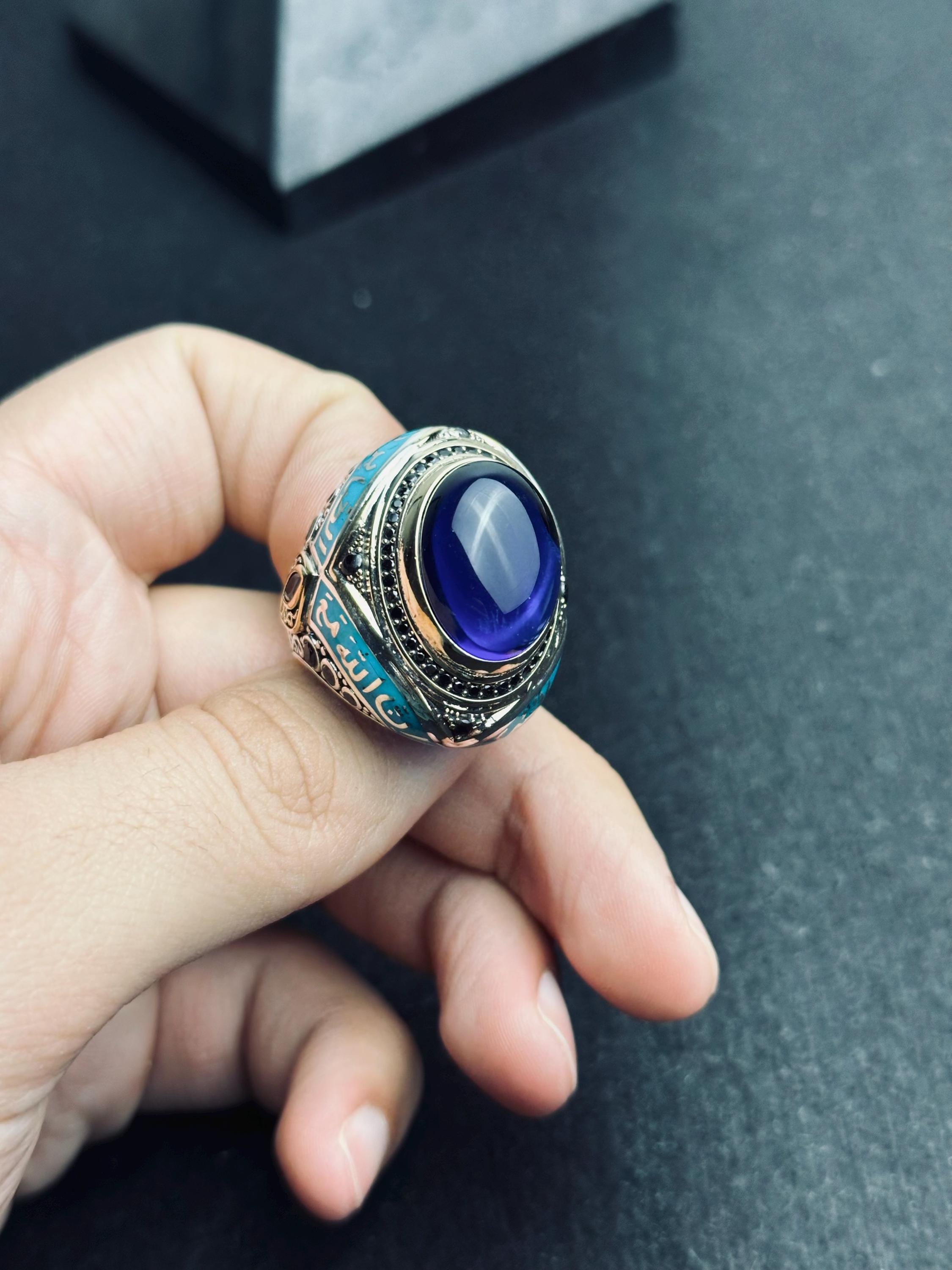 İslami Gümüş Yüzük: Mavi Zirkon Oval Taş (El Yapımı Türk Takı)